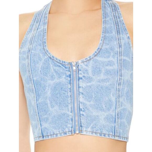 Women’s Size M Water Print Denim Halter Crop Top Zip Back Western Festival Rodeo - Picture 1 of 9